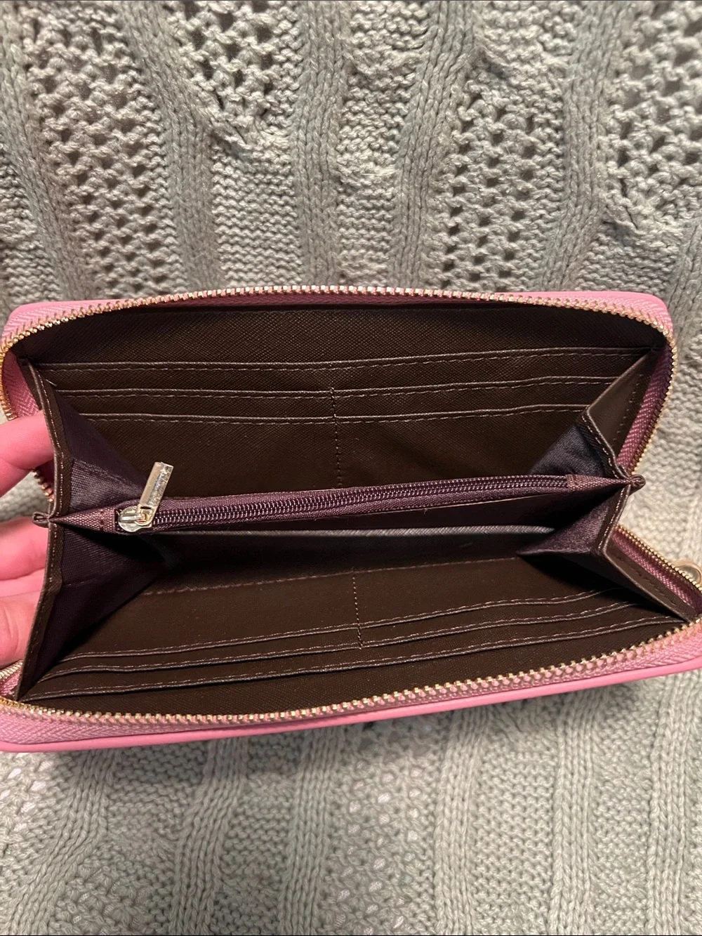 New pink bag with strap and matching wallet.